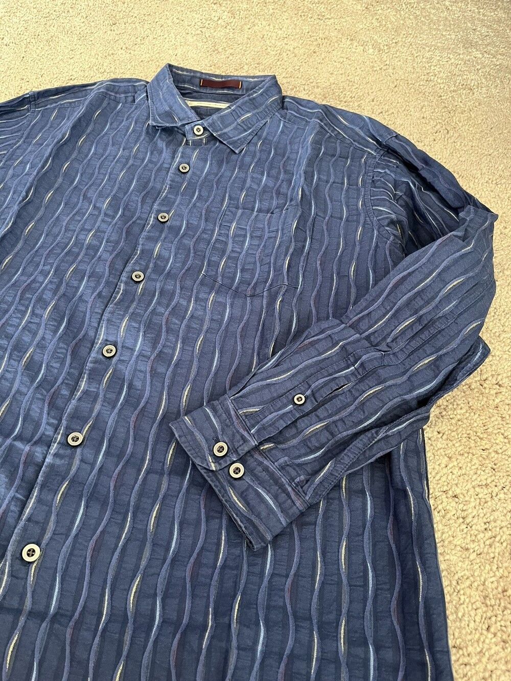 TOMMY BAHAMA Blue Waves Striped Cotton Silk Button Up Shirt Pocket Men’s Size XL